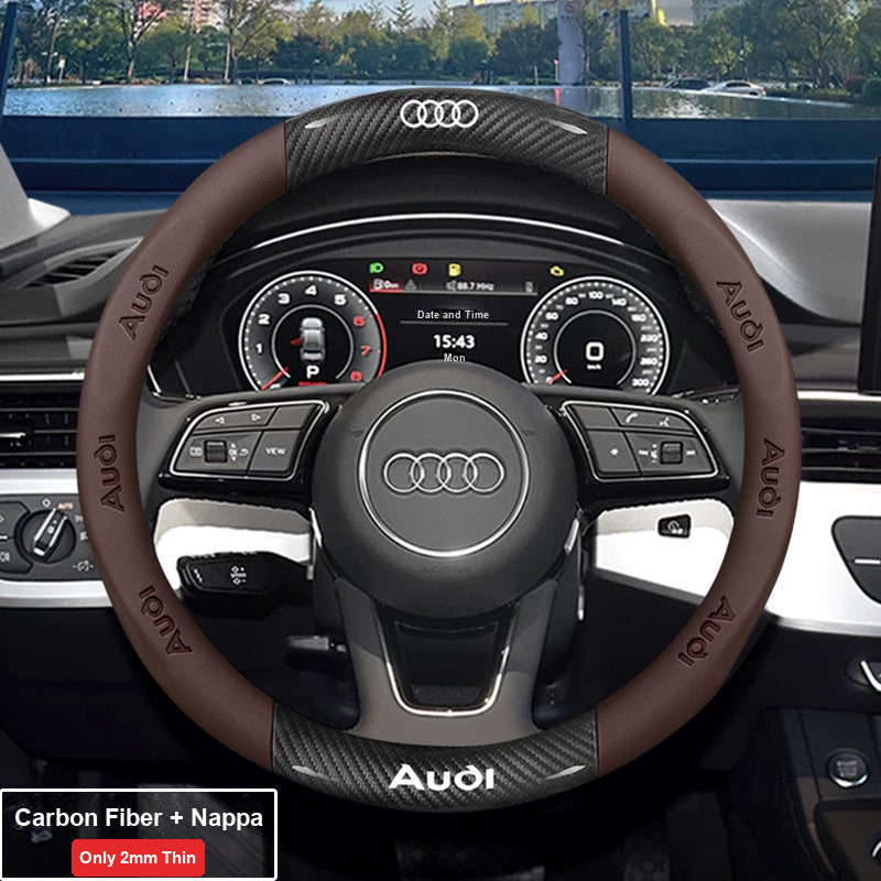 Audi ultra-thin steering wheel cover – Round – Carbon Fiber + Nappa – Brown