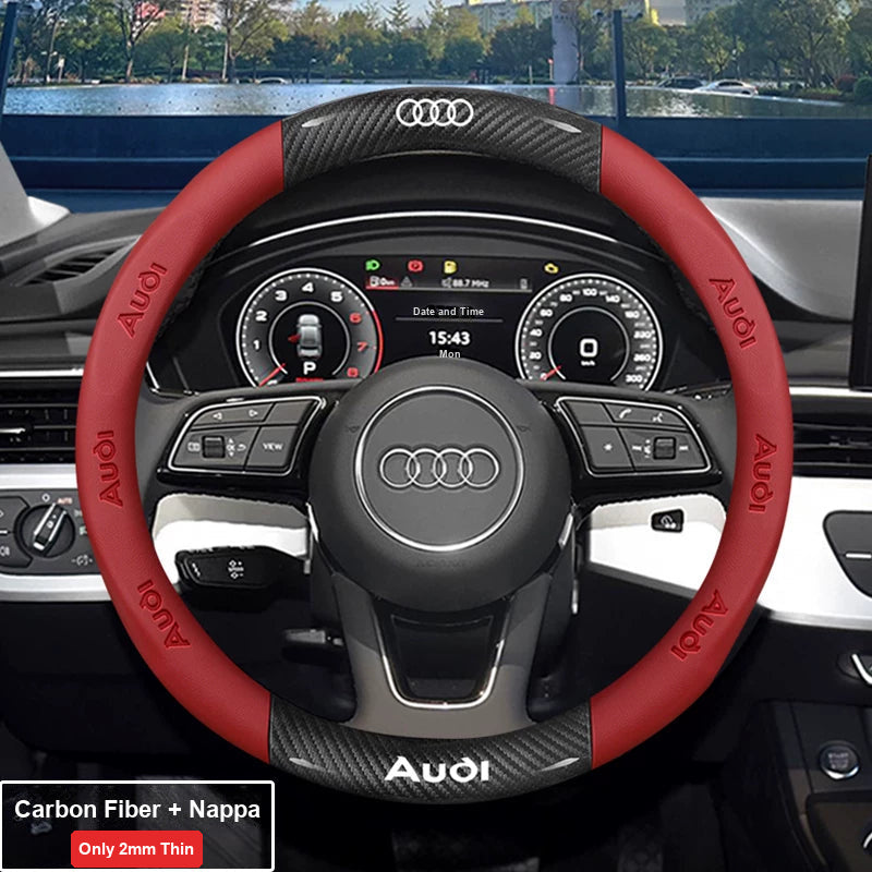 Audi ultra-thin steering wheel cover – Round – Carbon Fiber + Nappa – Red