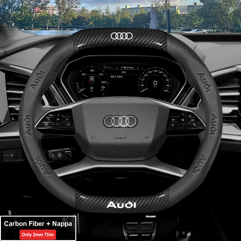 Audi ultra-thin steering wheel cover – Double D-Shape – Carbon Fiber + Nappa – Black