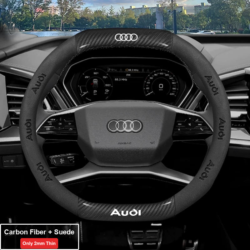 Audi ultra-thin steering wheel cover – Double D-Shape – Carbon Fiber + Suede – Black