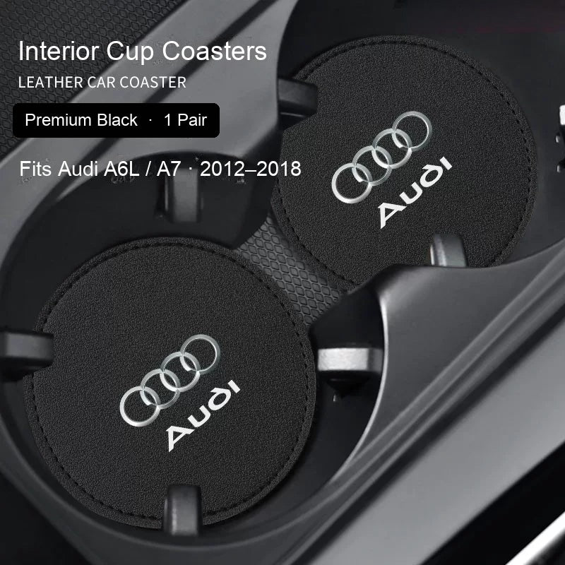 Audi Premium Black leather cup coasters pair - fits A6L / A7 2012–2018
