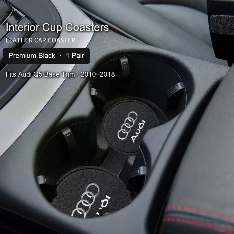 Audi Premium Black leather cup coasters pair - fits Q5 Base Trim 2010–2018