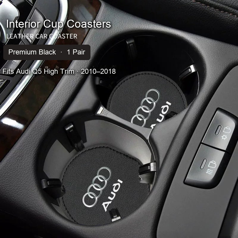 Audi Premium Black leather cup coasters pair - fits Q5 High Trim 2010–2018