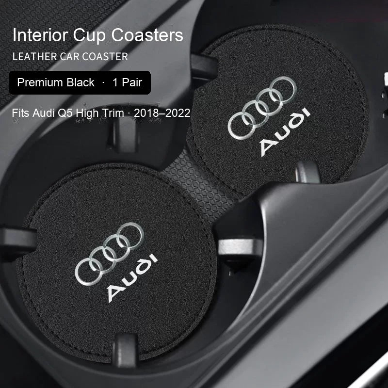 Audi Premium Black leather cup coasters pair - fits Q5 High Trim 2018–2022