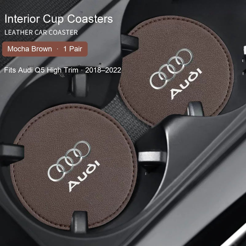 Audi Mocha Brown leather cup coasters pair - fits Q5 High Trim 2018–2022
