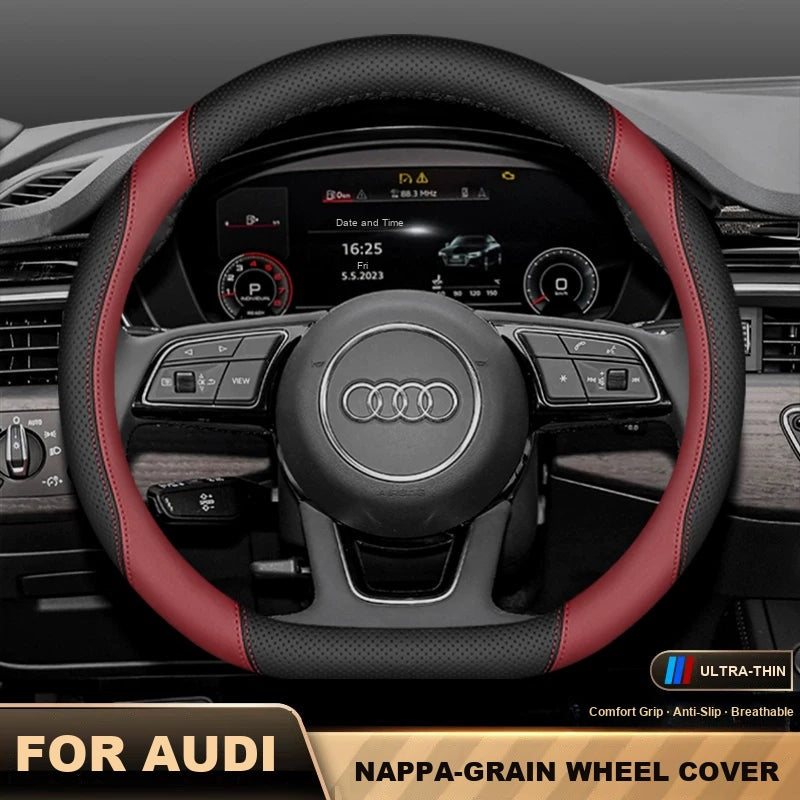 Audi Nappa-grain ultra-thin steering wheel cover in black and wine red
