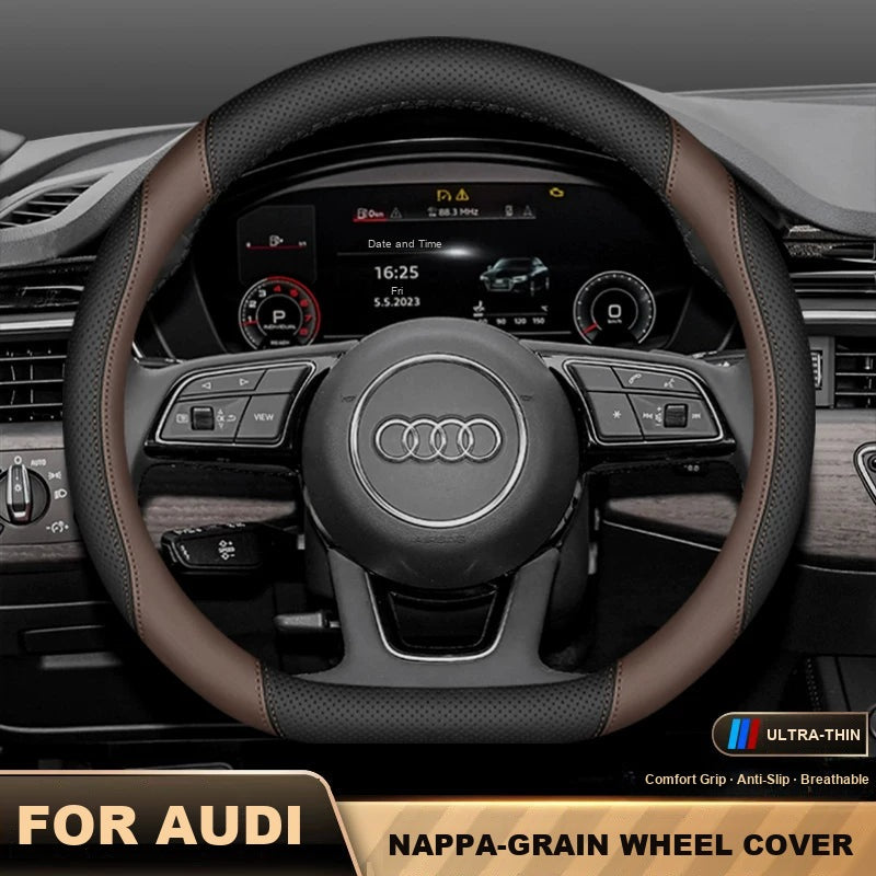 Audi Nappa-grain ultra-thin steering wheel cover in black and brown
