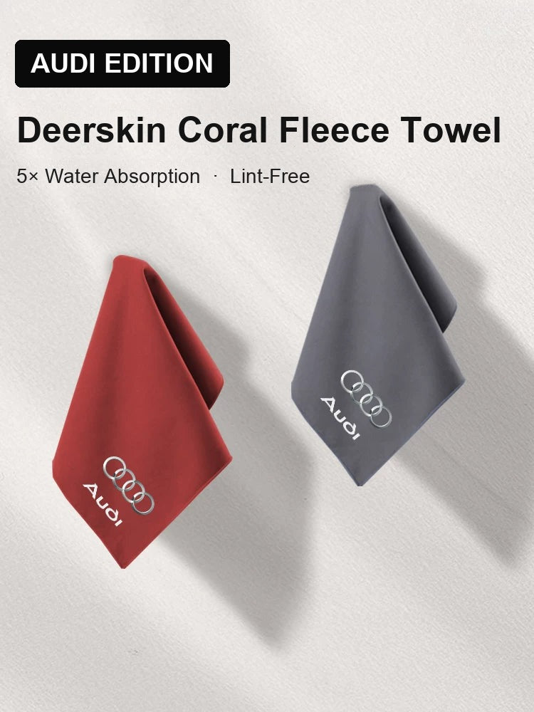 Audi Edition deerskin coral fleece car towels in red and grey with Audi rings logo