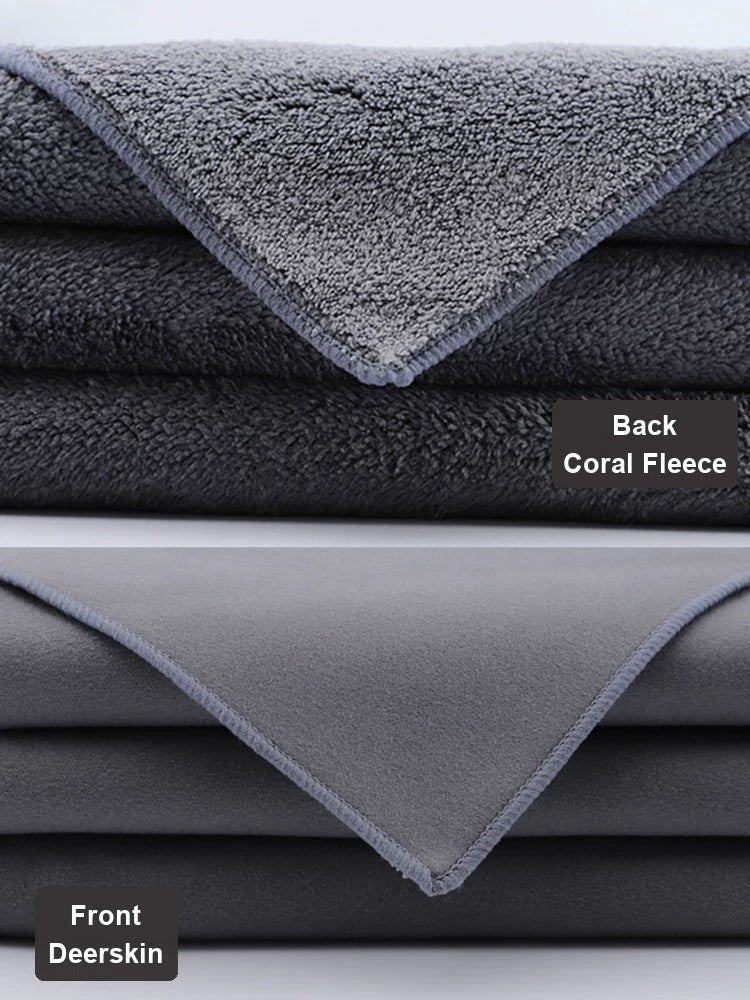 Two-sided towel: plush coral fleece back and smooth deerskin suede front