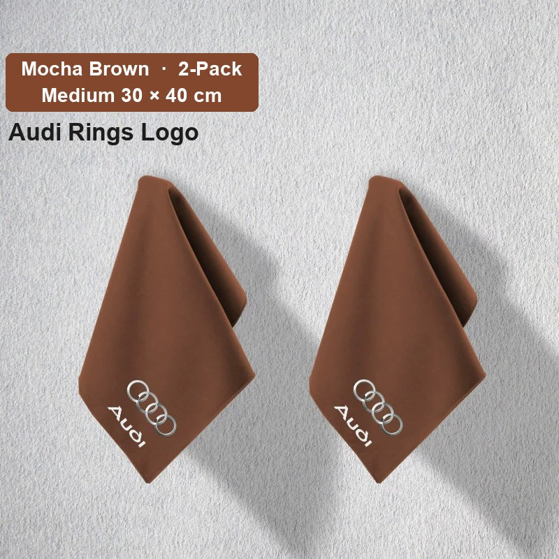 Audi deerskin coral fleece towel – Audi Rings Logo, Mocha Brown, Medium 30 × 40 cm, 2-Pack