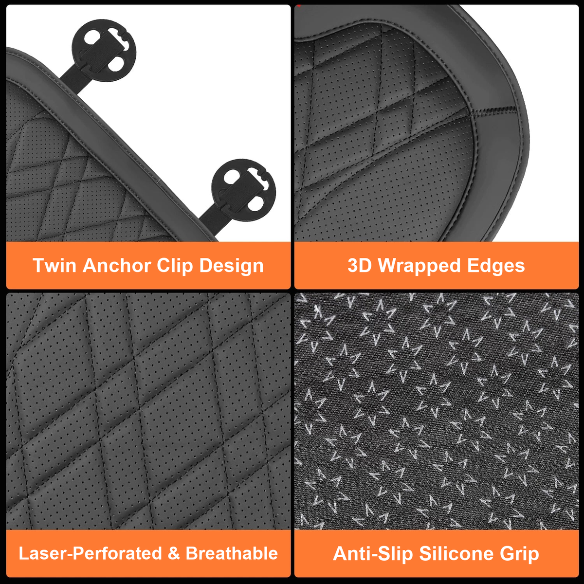 Audi seat cushion details: anchor clips, 3D wrapped edges, laser perforation, anti-slip silicone base
