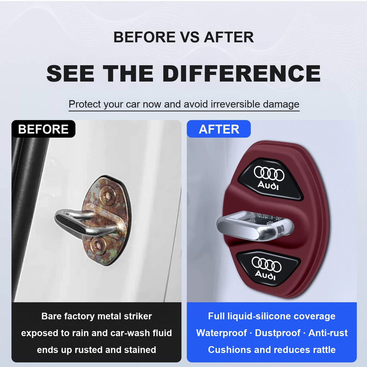 Before and after: rusted bare door striker versus Audi silicone lock cover