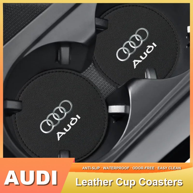 Audi leather cup holder coasters with Four Rings logo in Premium Black