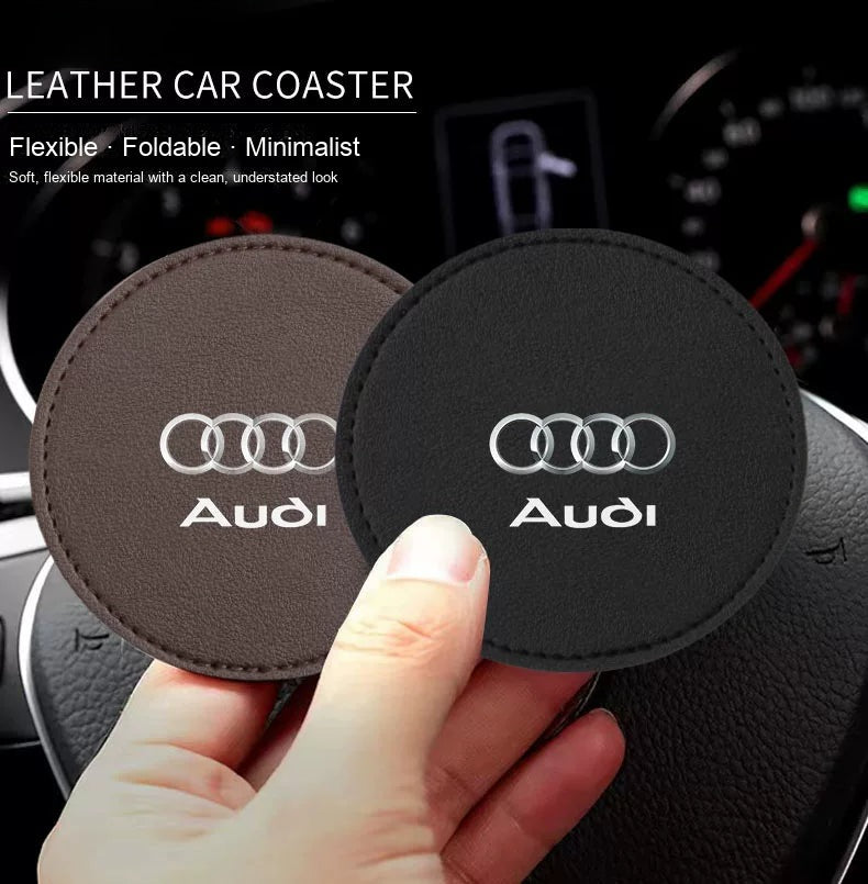 Audi leather cup coasters in Mocha Brown and Premium Black – flexible, minimalist design