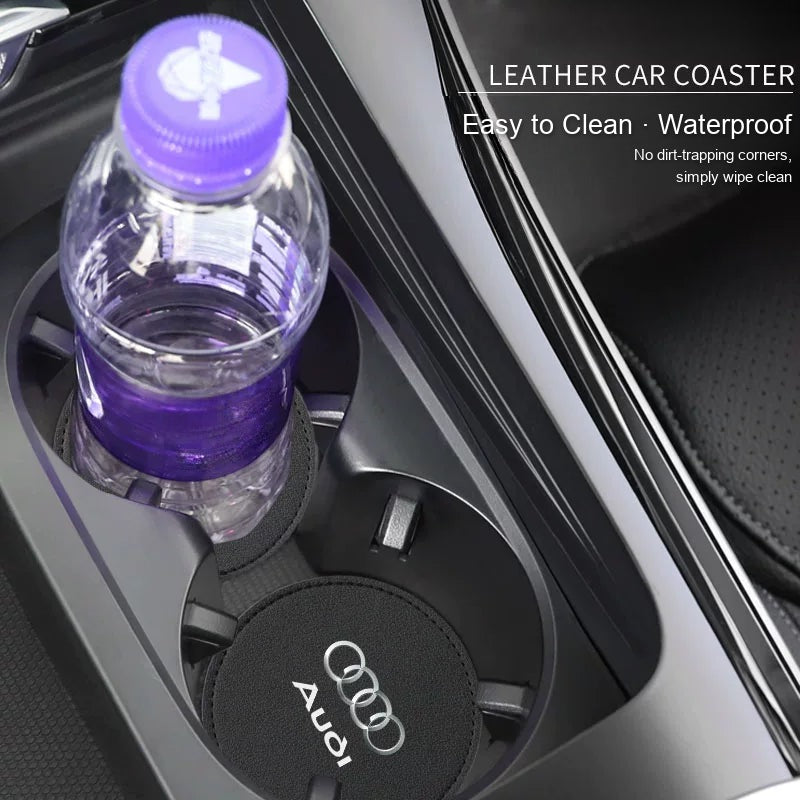 Audi leather cup coaster fitted in the cup holder – easy to clean and waterproof