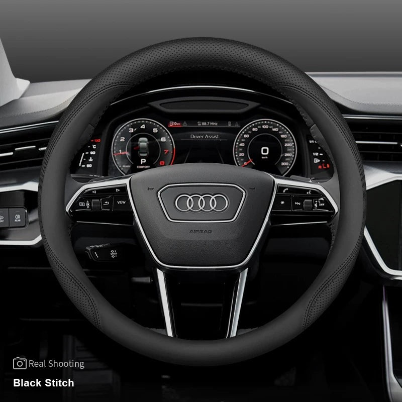 Audi leather steering wheel cover – Round – Black Stitch
