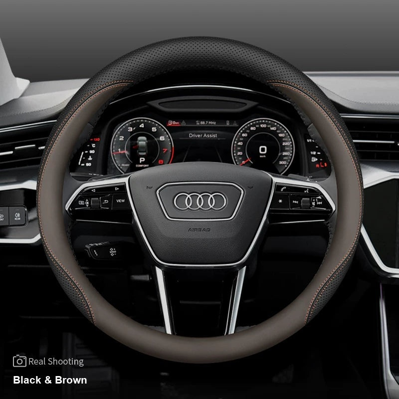 Audi leather steering wheel cover – Round – Black & Brown
