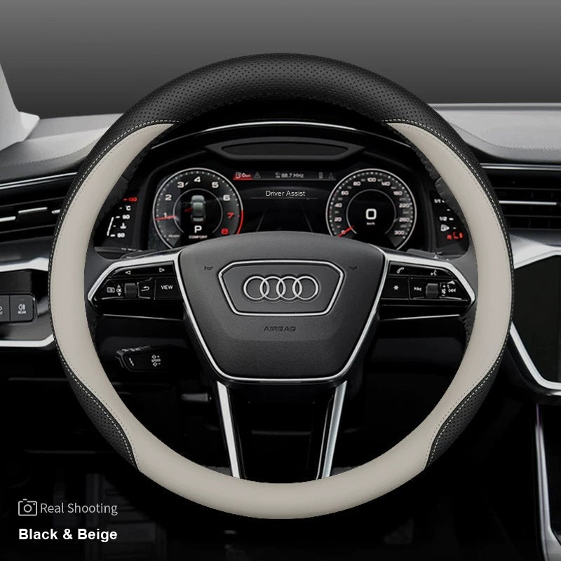 Audi leather steering wheel cover – Round – Black & Beige