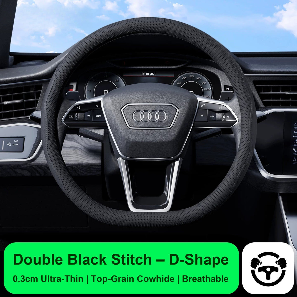 Audi steering wheel cover – Double Black Stitch – D-Shape