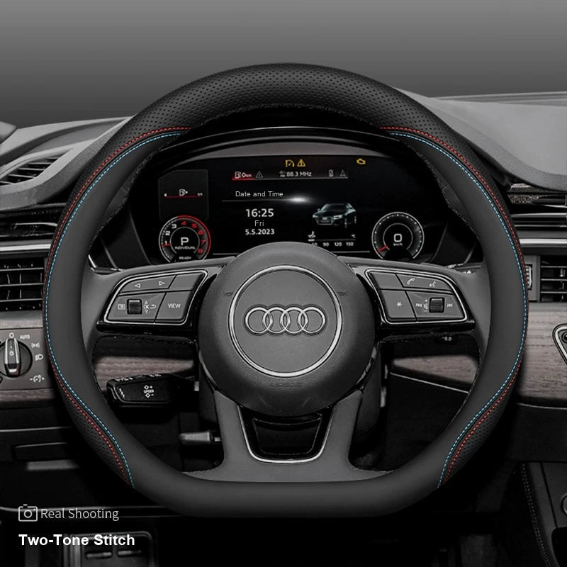 Audi leather steering wheel cover – D-Shape A3 A4L Q2L – Two-Tone Stitch