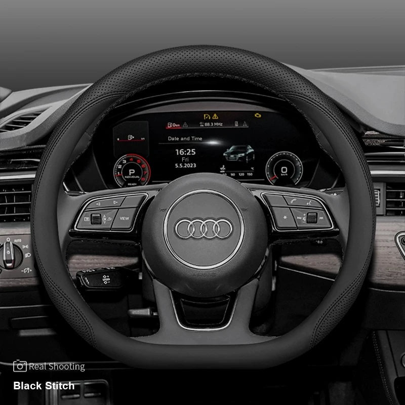 Audi leather steering wheel cover – D-Shape A3 A4L Q2L – Black Stitch
