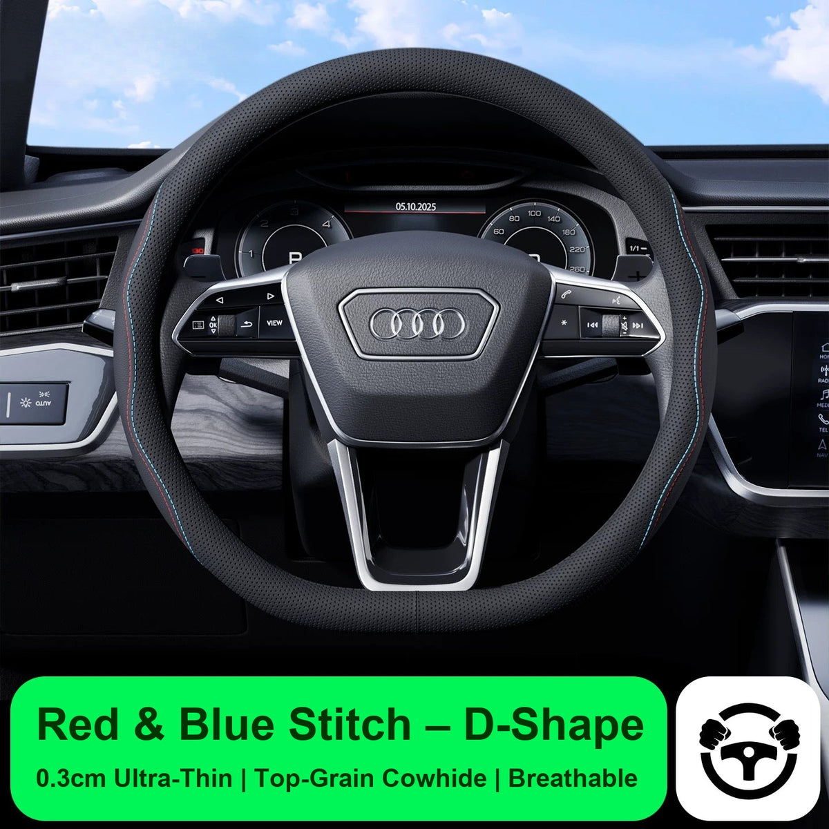 Audi steering wheel cover – Red & Blue Stitch – D-Shape