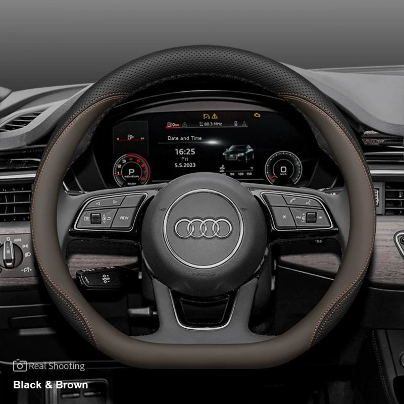Audi leather steering wheel cover – D-Shape A3 A4L Q2L – Black & Brown