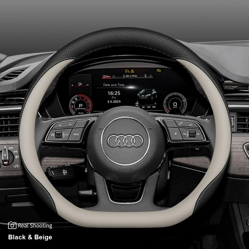 Audi leather steering wheel cover – D-Shape A3 A4L Q2L – Black & Beige