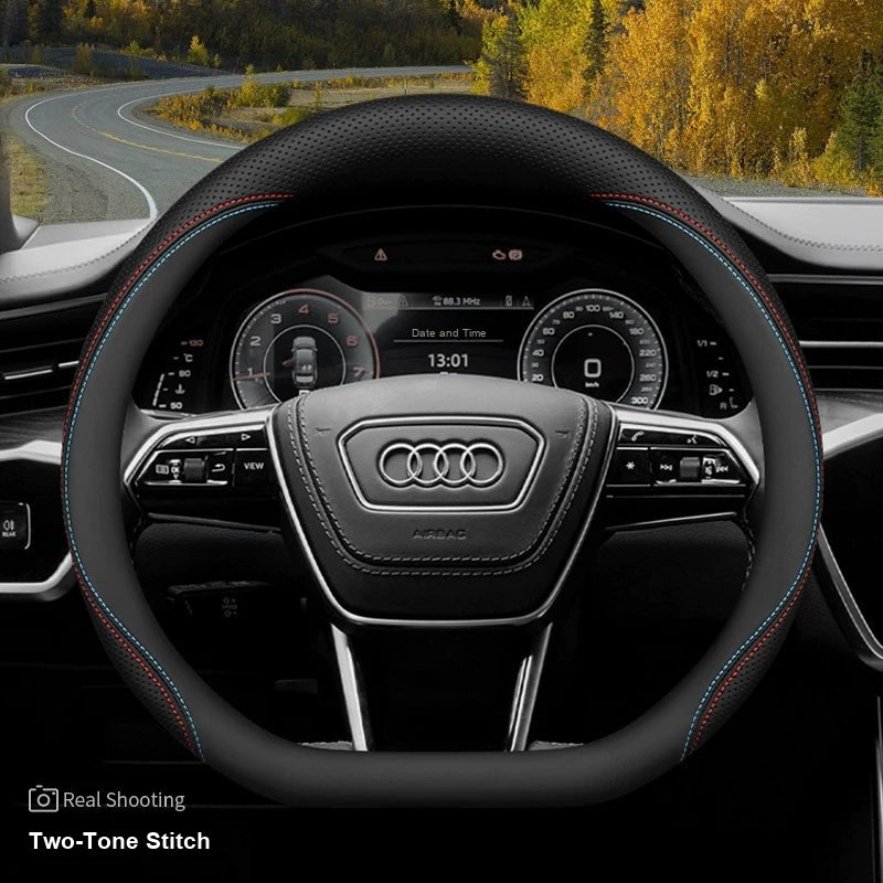 Audi leather steering wheel cover – D-Shape Q3 Q5L A6L A7 – Two-Tone Stitch