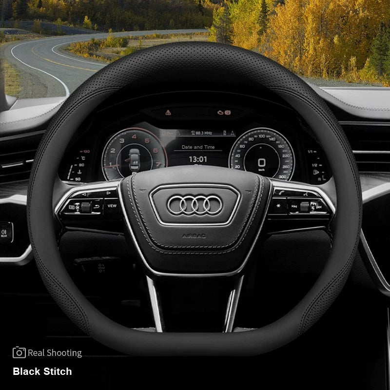 Audi leather steering wheel cover – D-Shape Q3 Q5L A6L A7 – Black Stitch