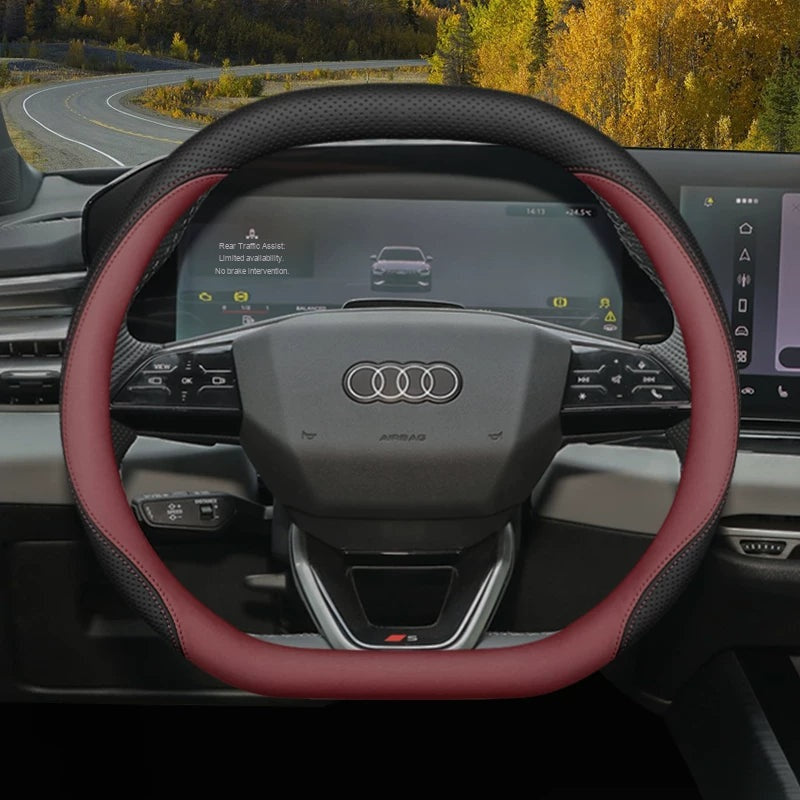 Audi leather steering wheel cover – Double D-Shape – Wine Red