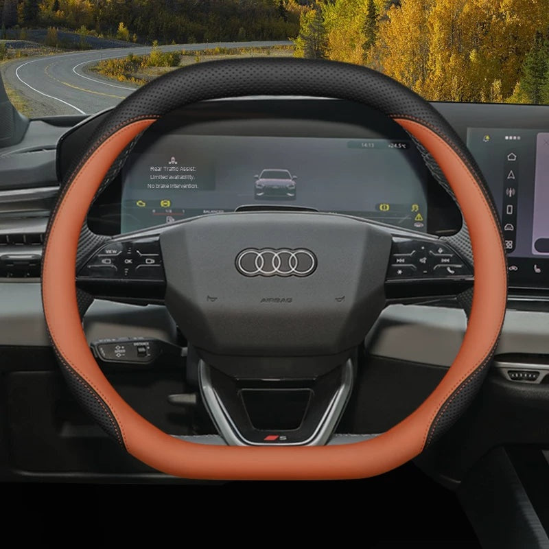 Audi leather steering wheel cover – Double D-Shape – Black & Amber Orange
