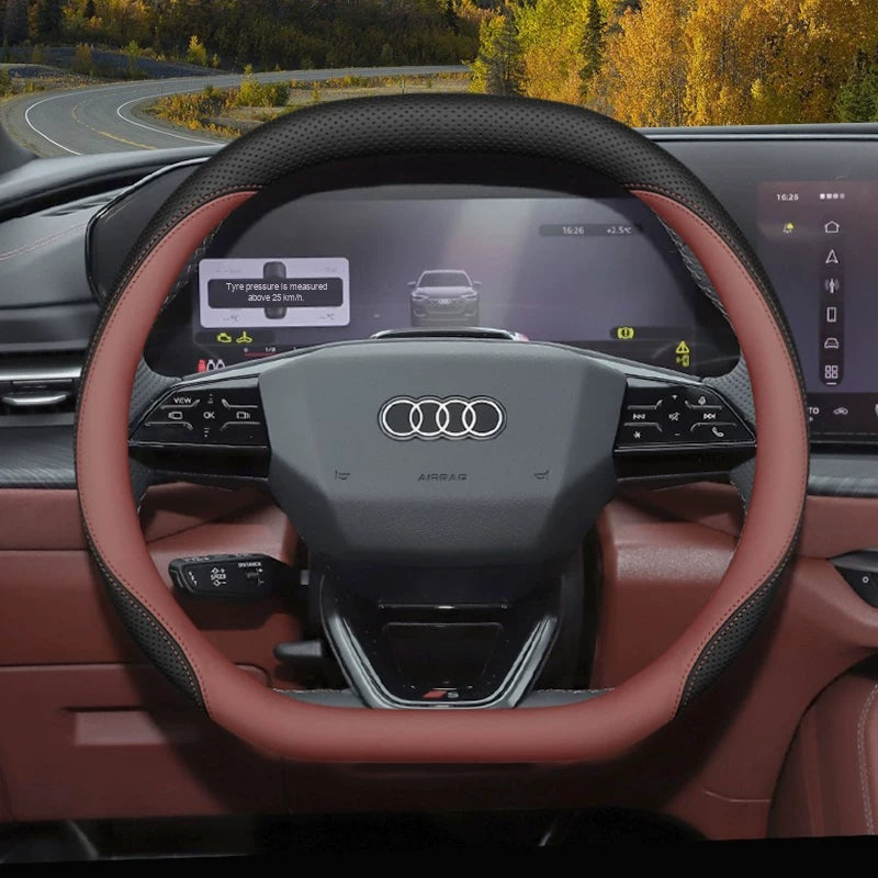Audi leather steering wheel cover – Double D-Shape – Black & Terracotta