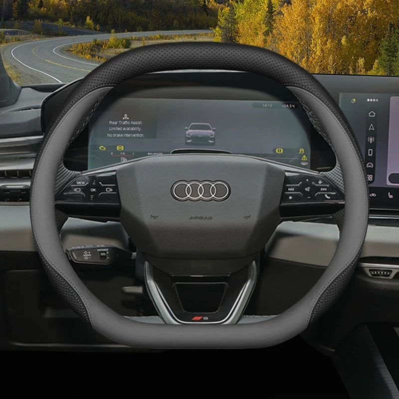 Audi leather steering wheel cover – Double D-Shape – Black & Grey