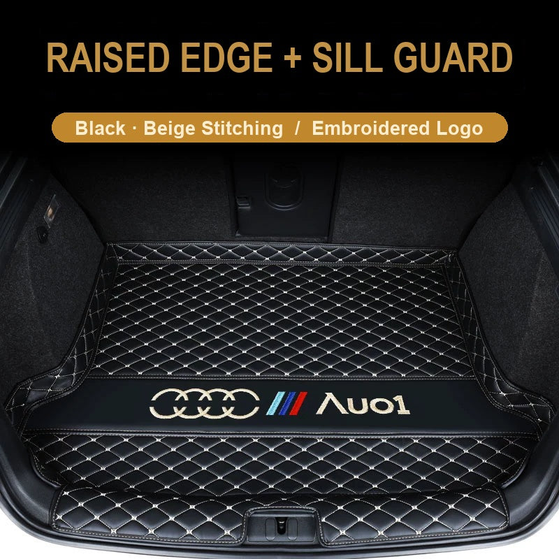 Audi trunk mat – Raised Edge + Sill Guard – Black with Beige Stitching
