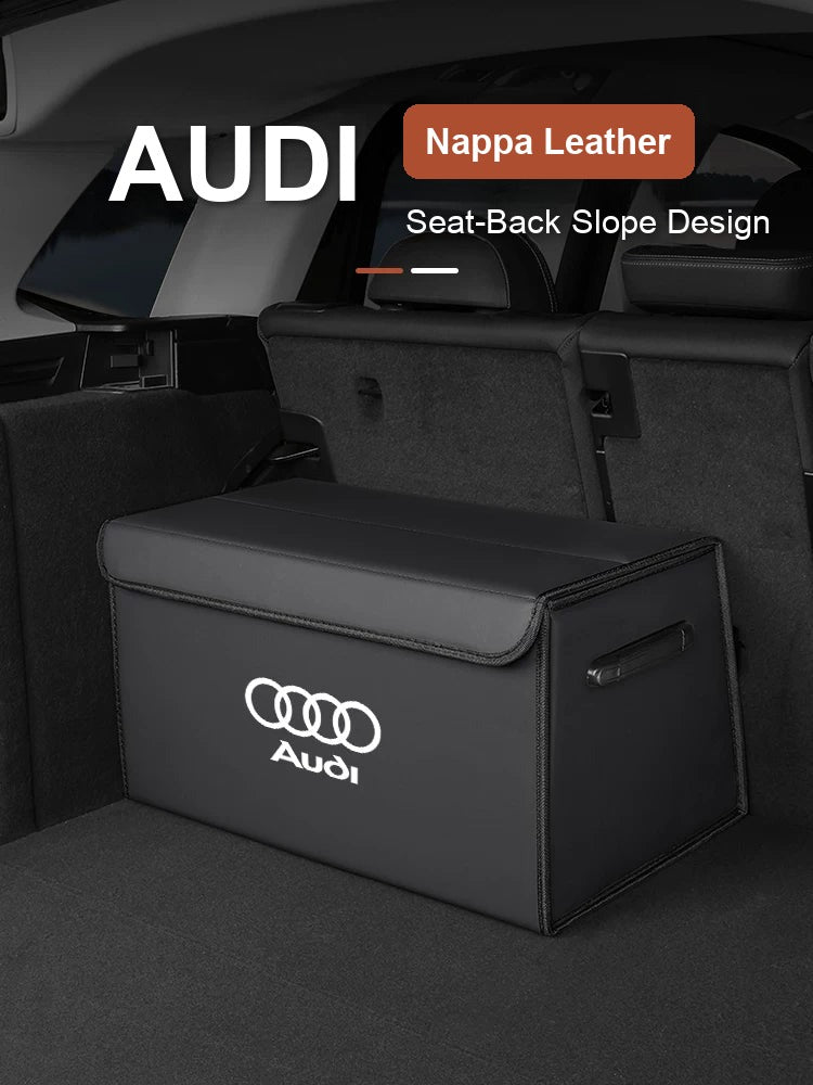 Audi Nappa leather trunk organizer in a car boot, seat-back slope design