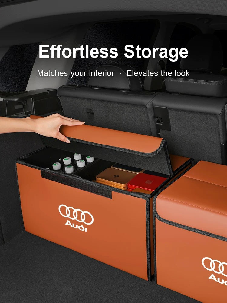 Audi trunk organizer open with lid lifted, orange Nappa leather