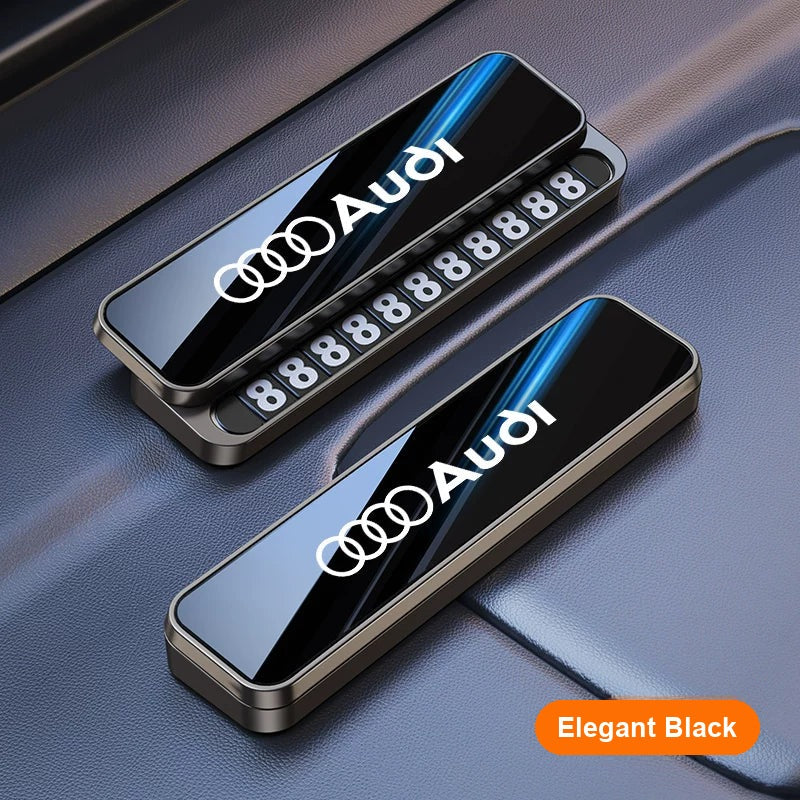 Audi logo parking number plate, elegant black, open and closed views