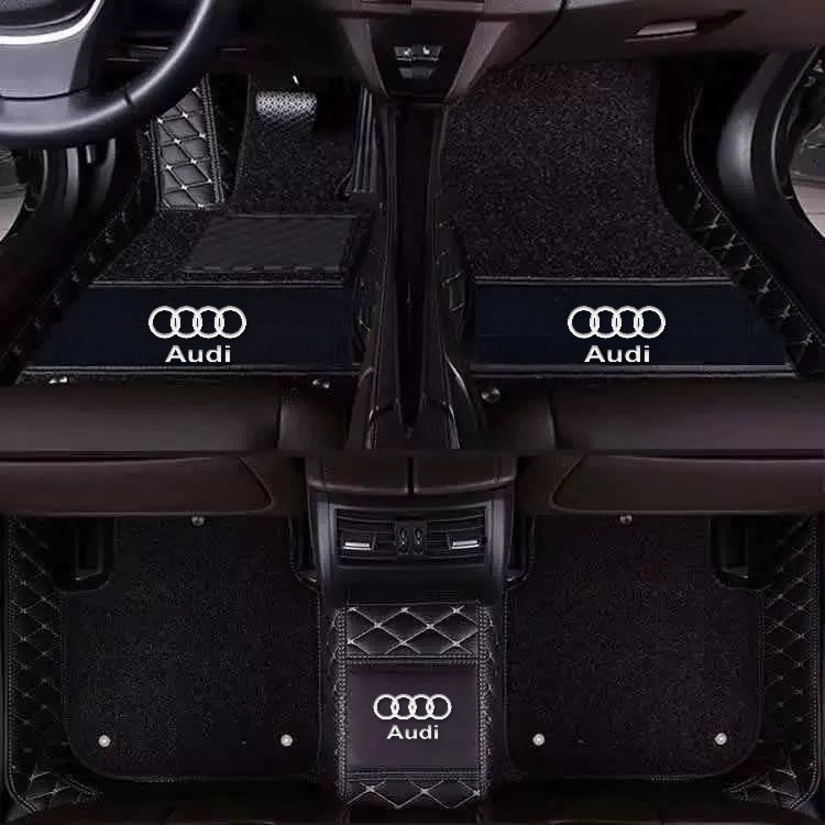 Audi diamond-quilted floor mats – Double Layer – Black Beige Stitch + Black Carpet