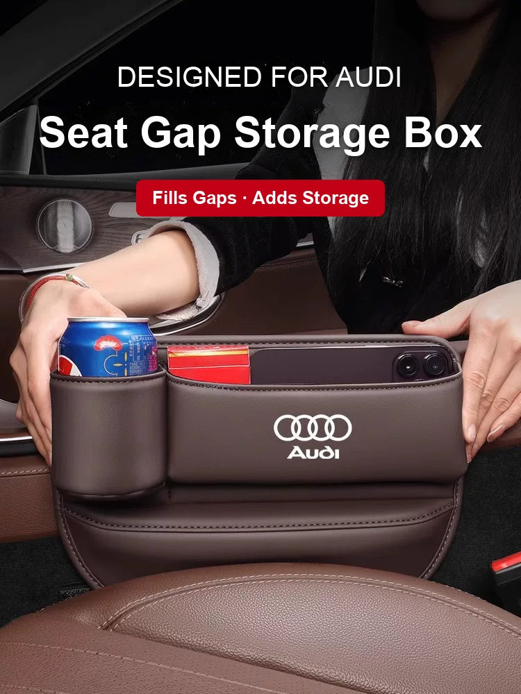 Audi seat gap storage box with cup holder in mocha brown leather