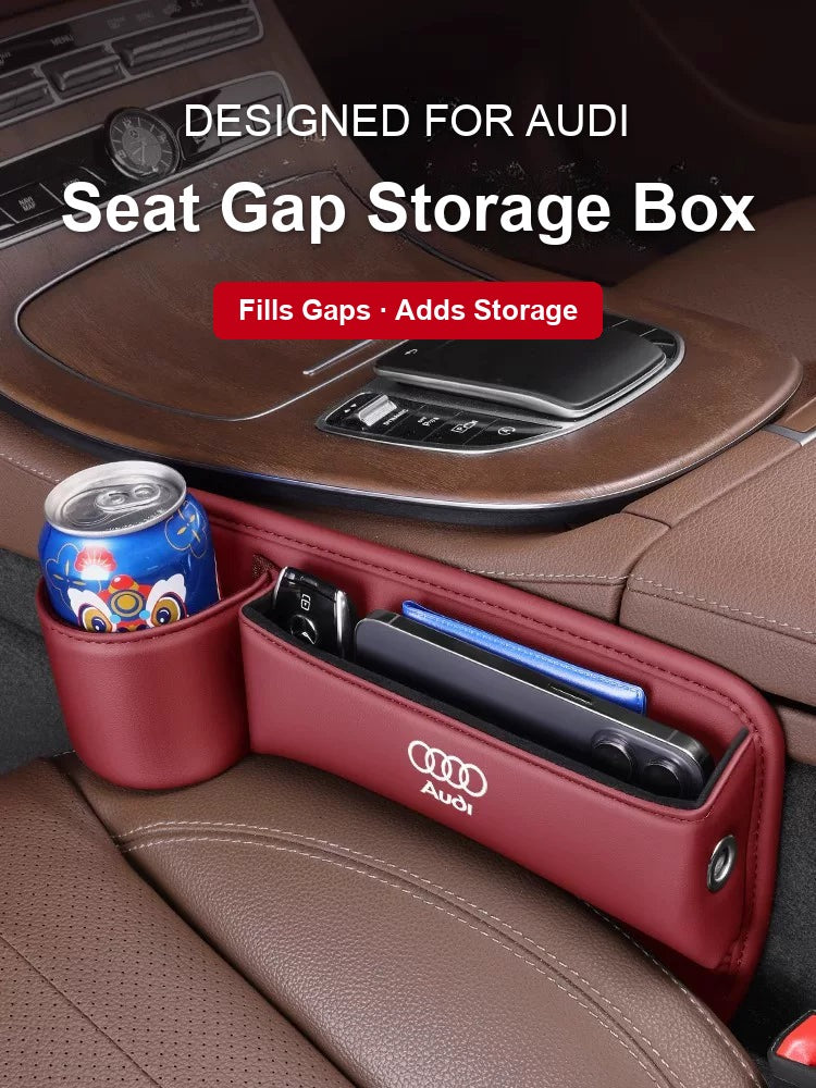 Audi seat gap storage box in volcano red beside the center console