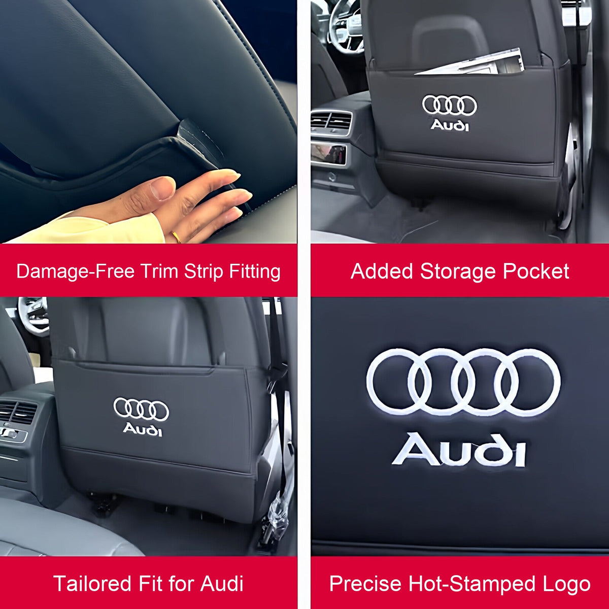Audi seat kick mat features: trim strip fitting, storage pocket, hot-stamped logo