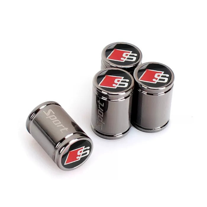 Audi Sport engraved valve caps – Titanium Black with black S badge, set of 4
