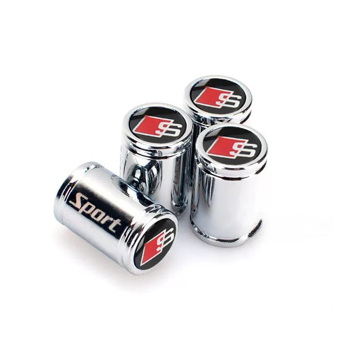 Audi Sport engraved valve caps – Chrome Silver with black S badge, set of 4