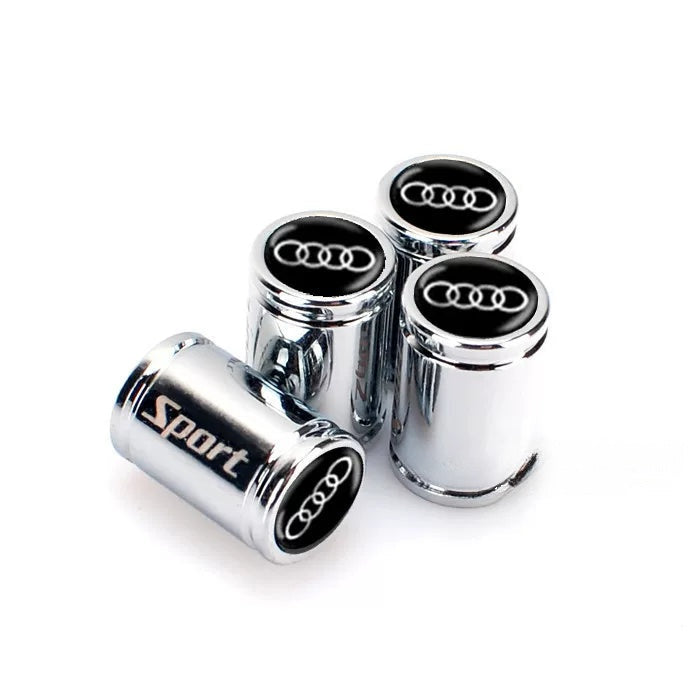 Audi Sport engraved valve caps – Chrome Silver with black Audi four rings, set of 4