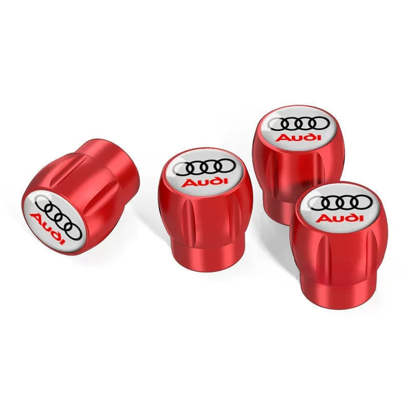 Audi Sport fluted alloy valve caps – Red with Rings and Audi White Emblem