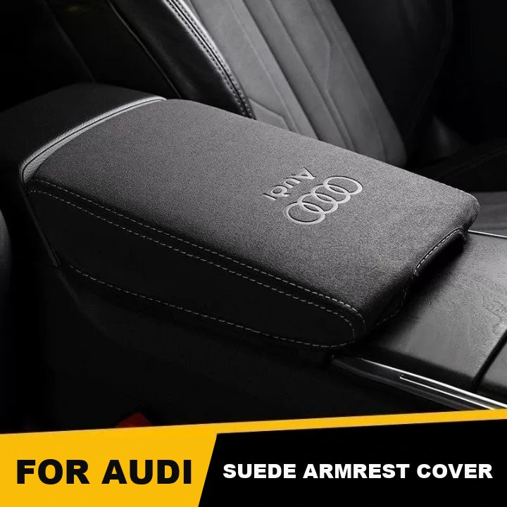 Audi suede armrest box cover with embossed Audi logo fitted on the centre console