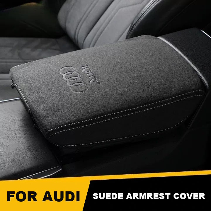 Audi suede armrest cover with embossed rings logo and contrast stitching