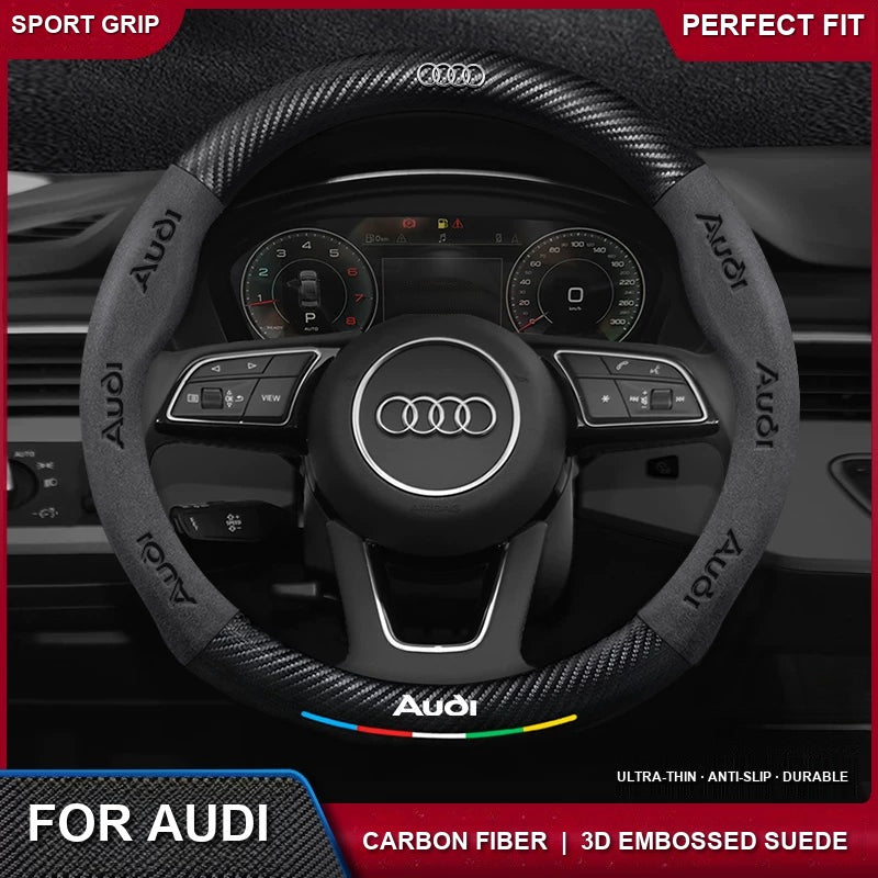 Audi carbon fiber and 3D embossed suede steering wheel cover installed – sport grip, ultra-thin, anti-slip