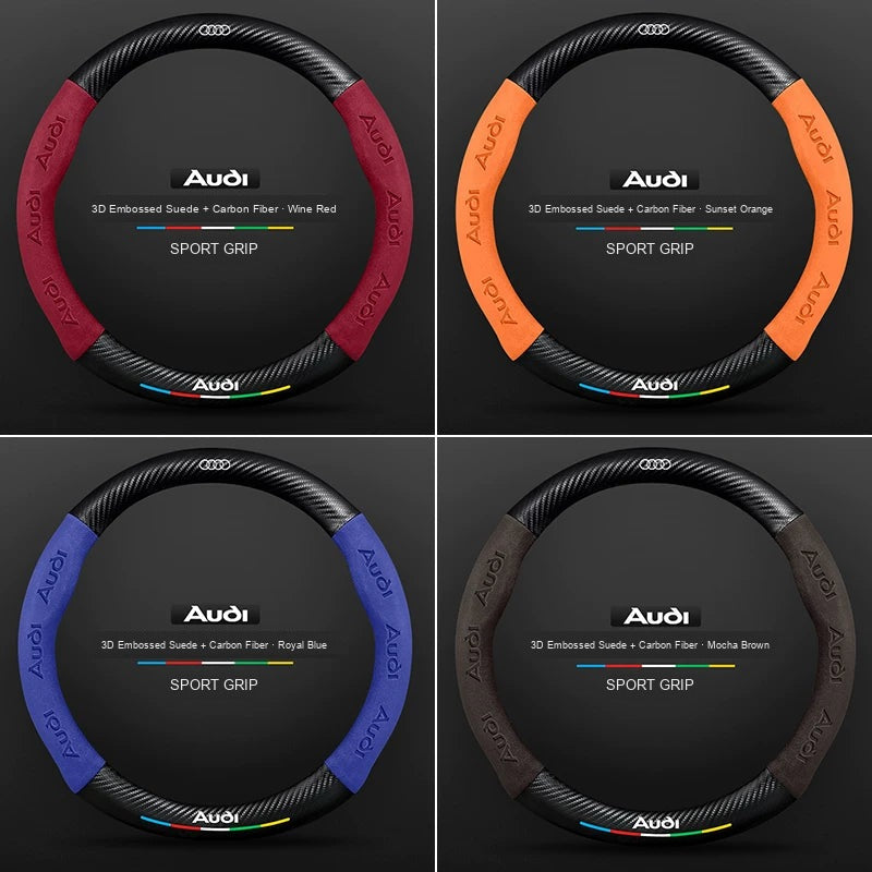 Audi carbon suede steering wheel cover colours – Wine Red, Sunset Orange, Royal Blue, Mocha Brown